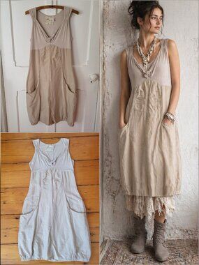 Silk Blend Bubble Hem Dress Beige Zenobia - Zen B Lagenlook Size M Made in Italy
